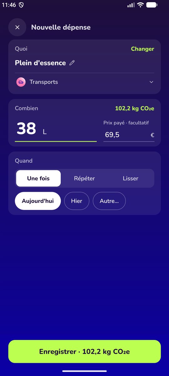 Saisie d'un plein d'essence : 38 litres, 69,50 €, 102 kg CO₂e