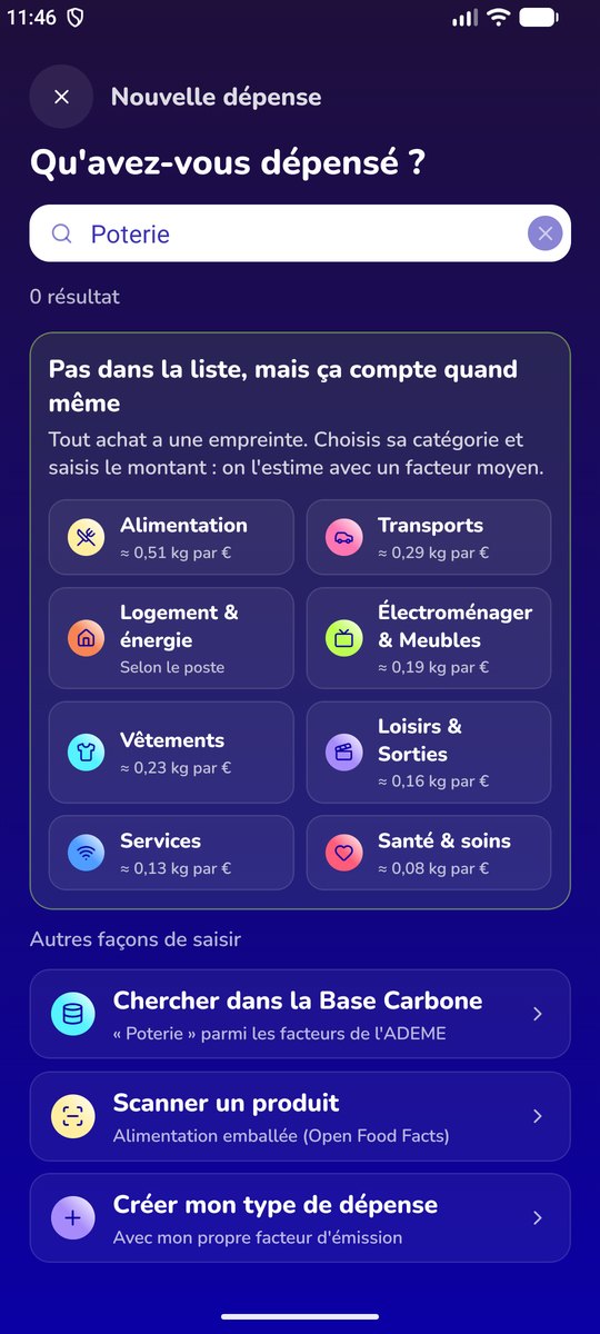 Recherche « poterie » sans résultat : saisie au montant par catégorie, de 0,08 à 0,51 kg CO₂e par euro